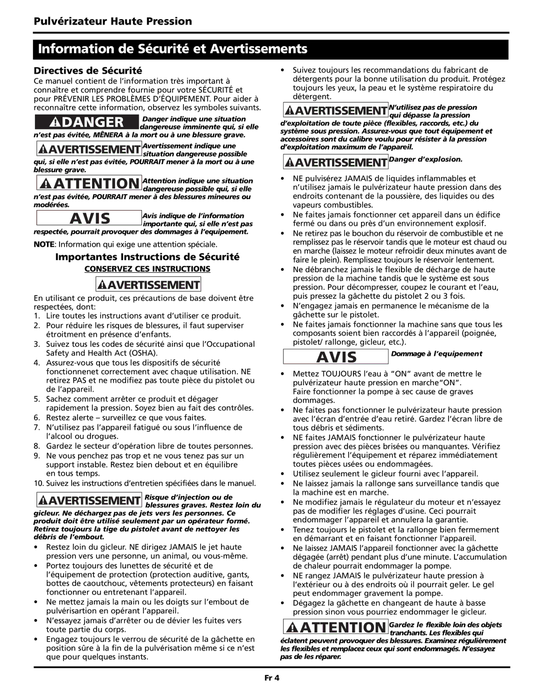 Campbell Hausfeld PW2515 Information de Sécurité et Avertissements, Directives de Sécurité, Conservez CES Instructions 