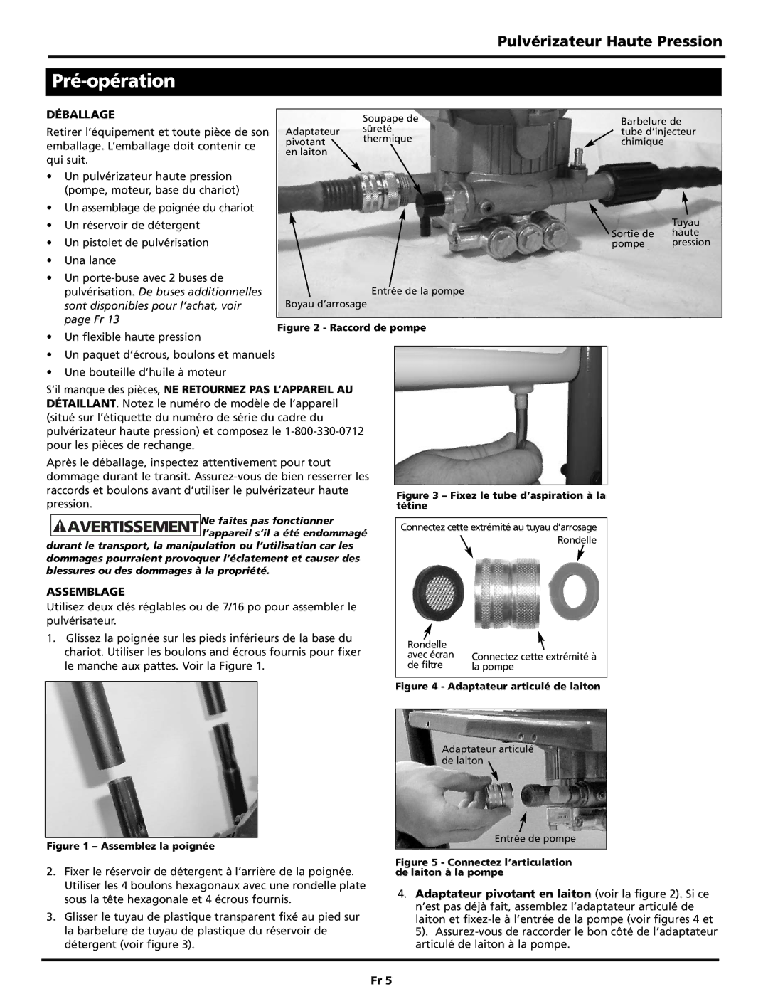 Campbell Hausfeld PW2515 operating instructions Pré-opération, Déballage, Assemblage 