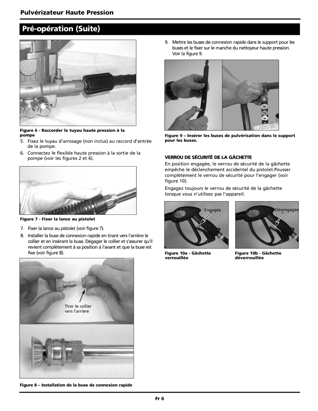 Campbell Hausfeld PW2515 operating instructions Pré-opération Suite, Verrou DE Sécurité DE LA Gâchette 