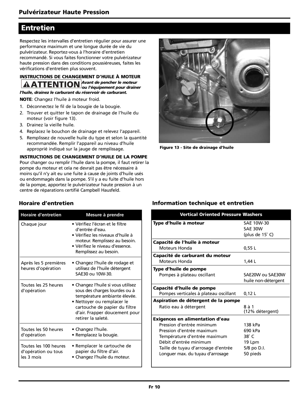 Campbell Hausfeld PW2515 operating instructions Entretien, Horaire d’entretien, Information technique et entretien 