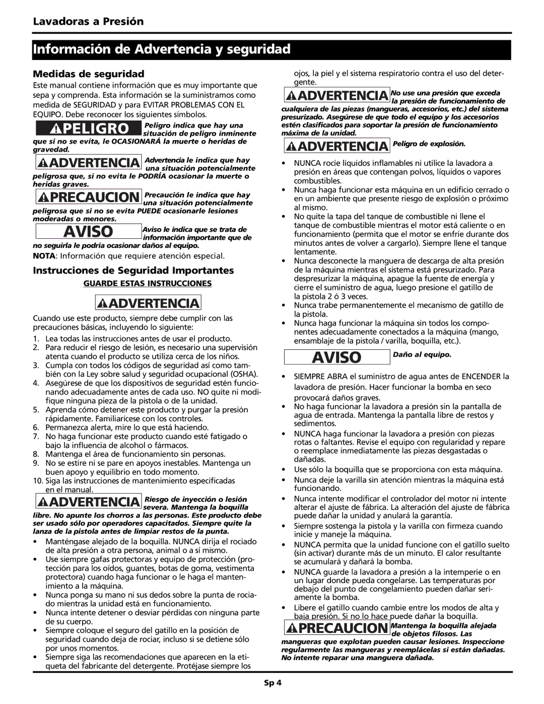 Campbell Hausfeld PW2515 Información de Advertencia y seguridad, Medidas de seguridad, Guarde Estas Instrucciones 