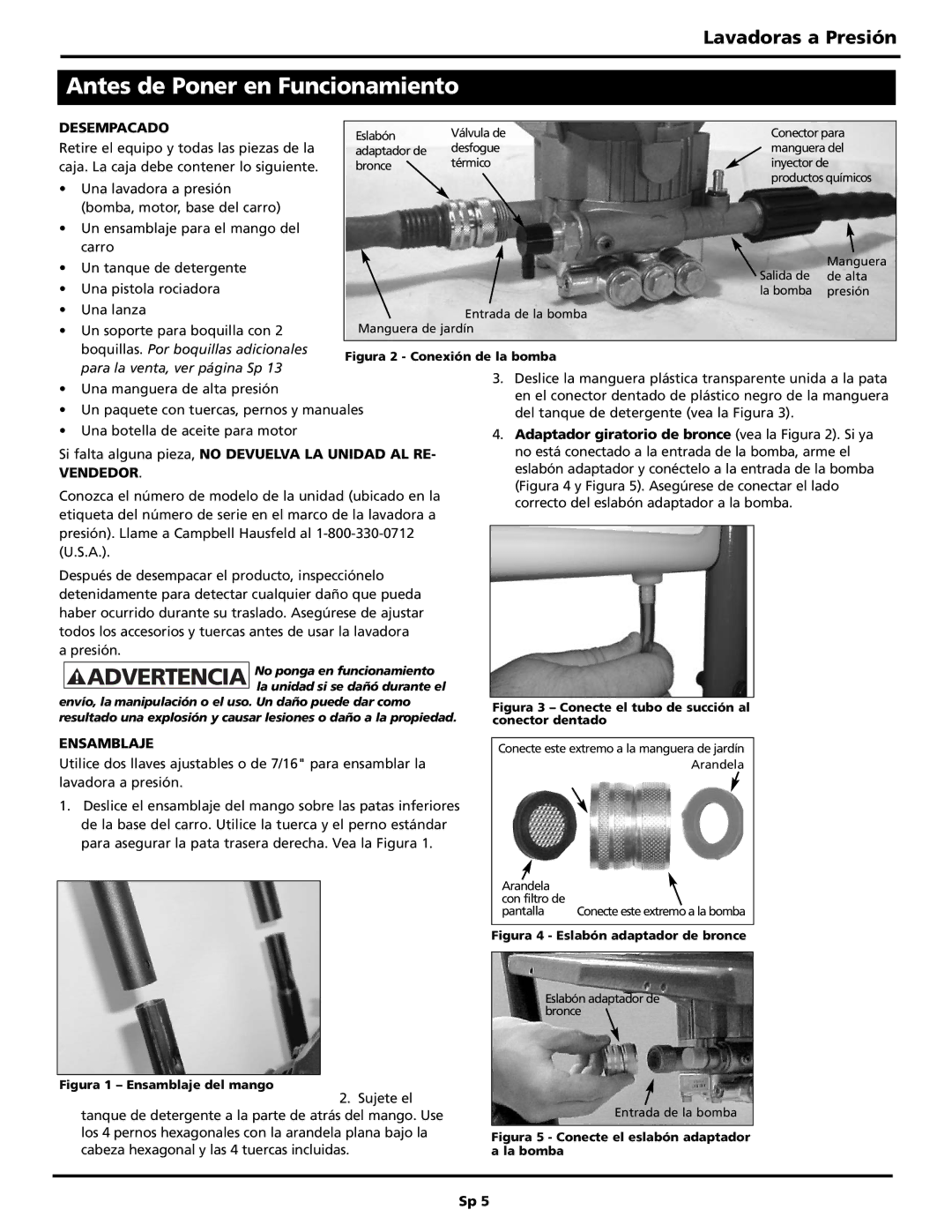 Campbell Hausfeld PW2515 operating instructions Antes de Poner en Funcionamiento, Desempacado, Vendedor, Ensamblaje 