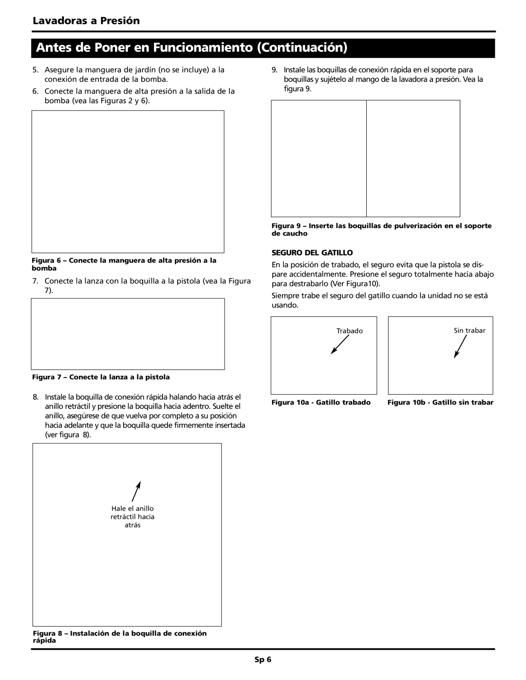 Campbell Hausfeld PW2515 operating instructions Antes de Poner en Funcionamiento Continuación, Seguro DEL Gatillo 