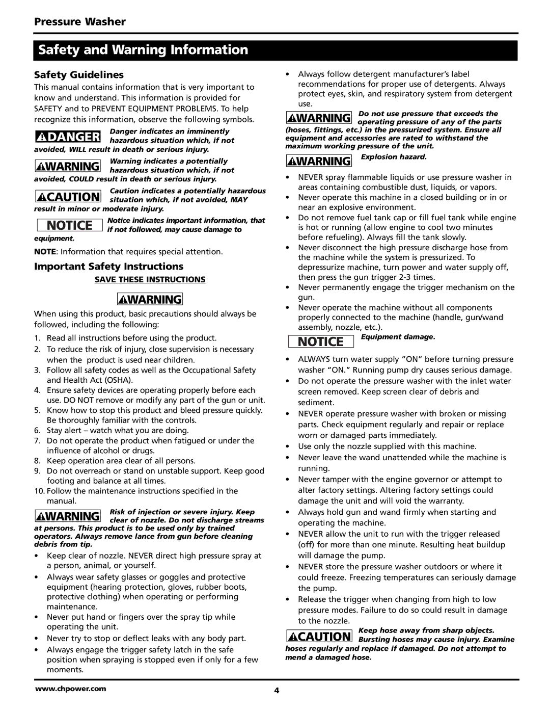 Campbell Hausfeld PW2515 Safety and Warning Information, Safety Guidelines, Important Safety Instructions 