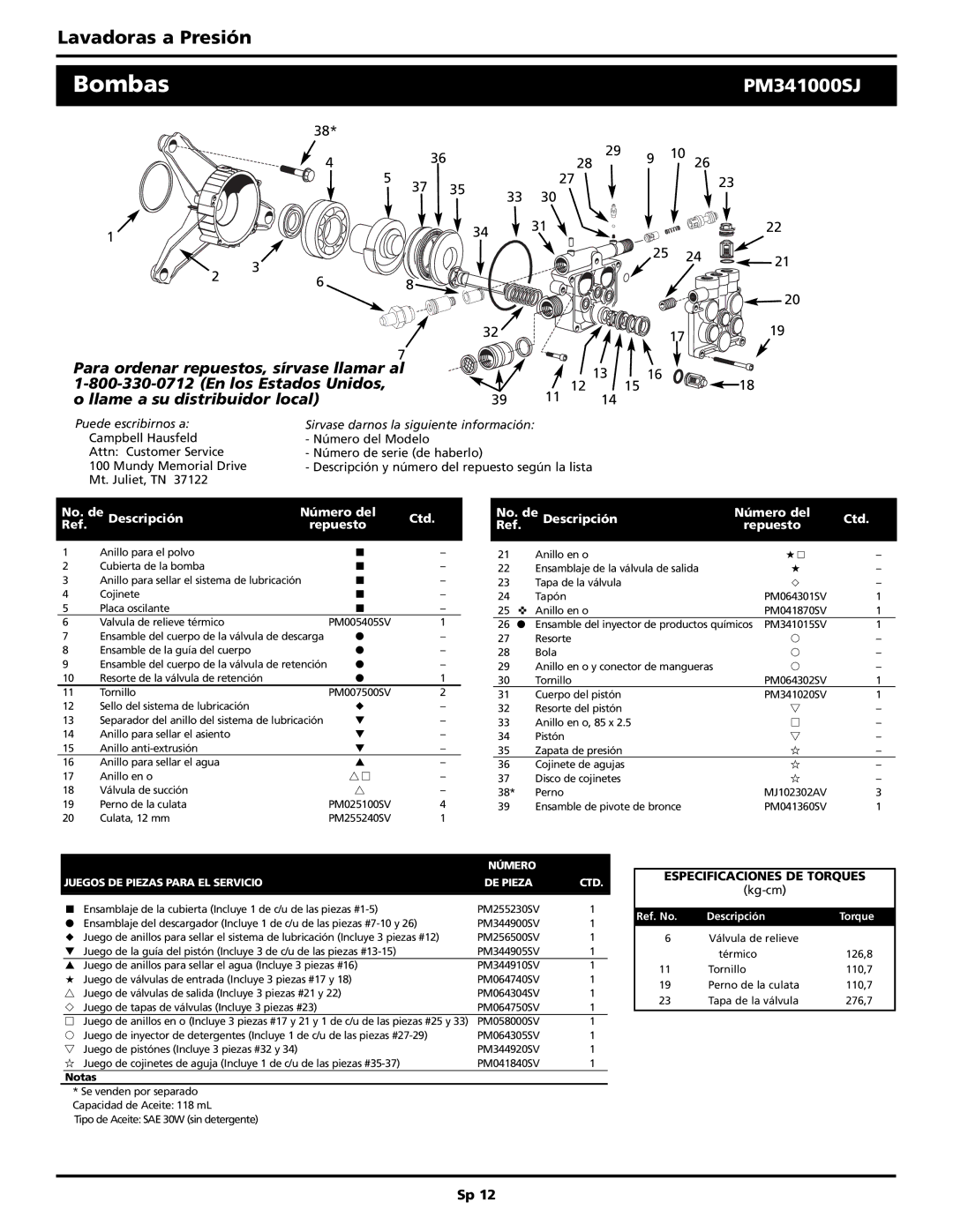 Campbell Hausfeld PW2515 operating instructions Bombas, Puede escribirnos a Sirvase darnos la siguiente información 