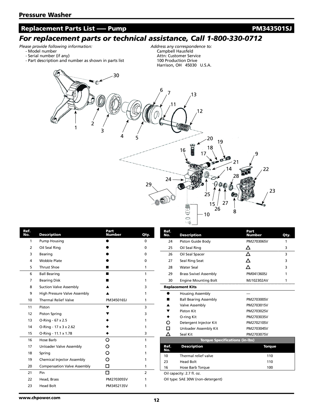 Campbell Hausfeld PW2570 For replacement parts or technical assistance, Call, Replacement Parts List --- PumpPM343501SJ 