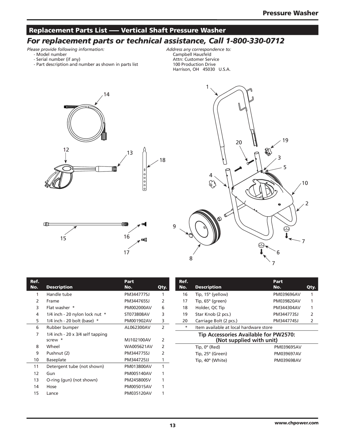 Campbell Hausfeld PW2570 operating instructions Replacement Parts List --- Vertical Shaft Pressure Washer, 1213 2019 1516 