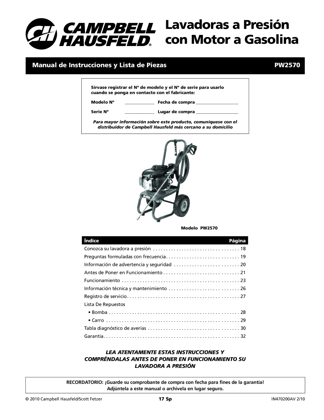 Campbell Hausfeld operating instructions Manual de Instrucciones y Lista de Piezas PW2570, 17 Sp 