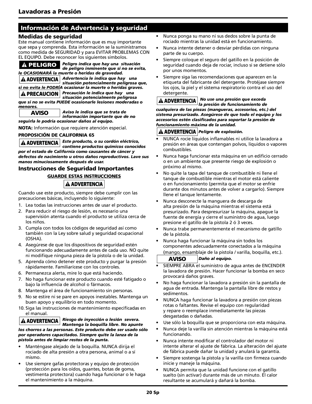 Campbell Hausfeld PW2570 Información de Advertencia y seguridad, Proposición DE California, Guarde Estas Instrucciones 