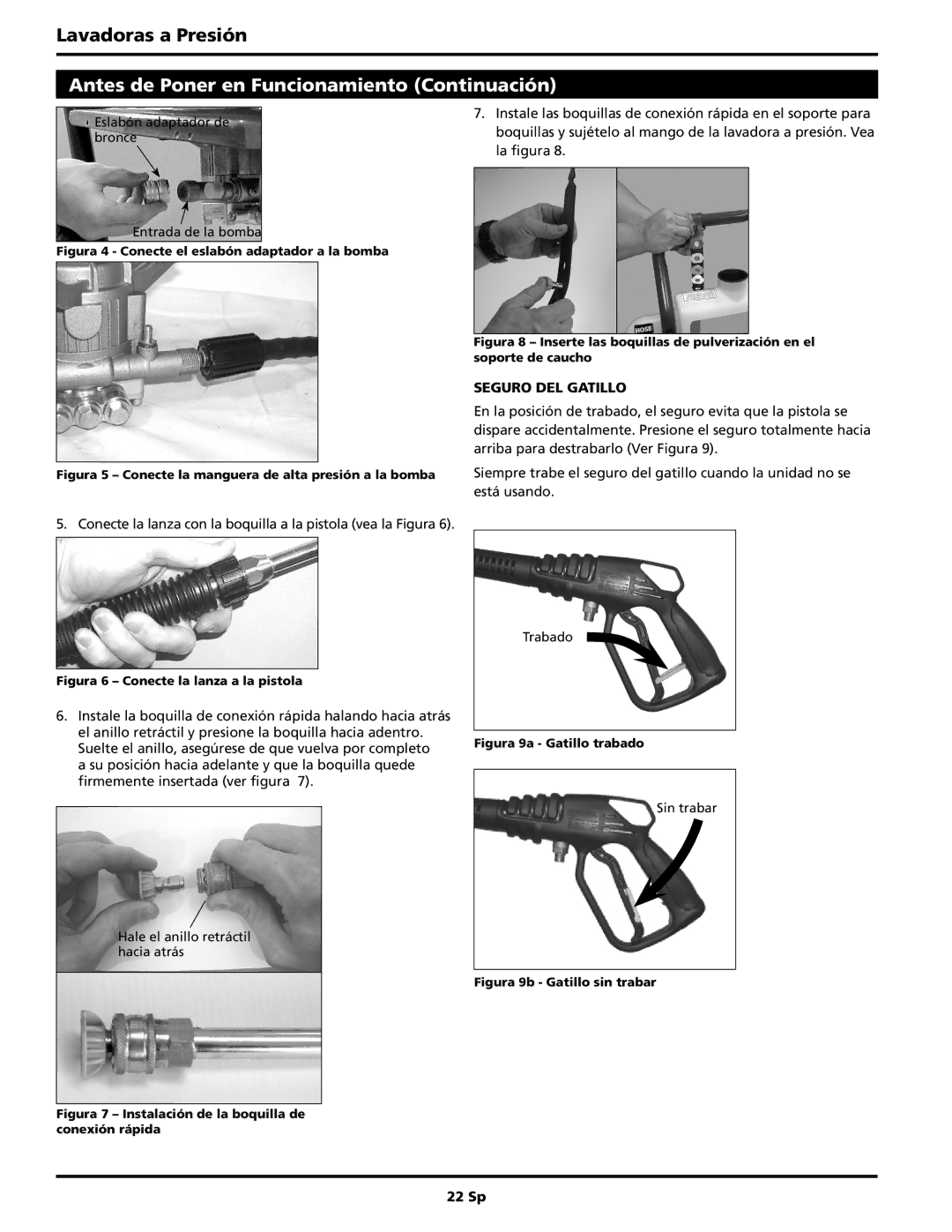 Campbell Hausfeld PW2570 operating instructions Antes de Poner en Funcionamiento Continuación, Seguro del gatillo, 22 Sp 