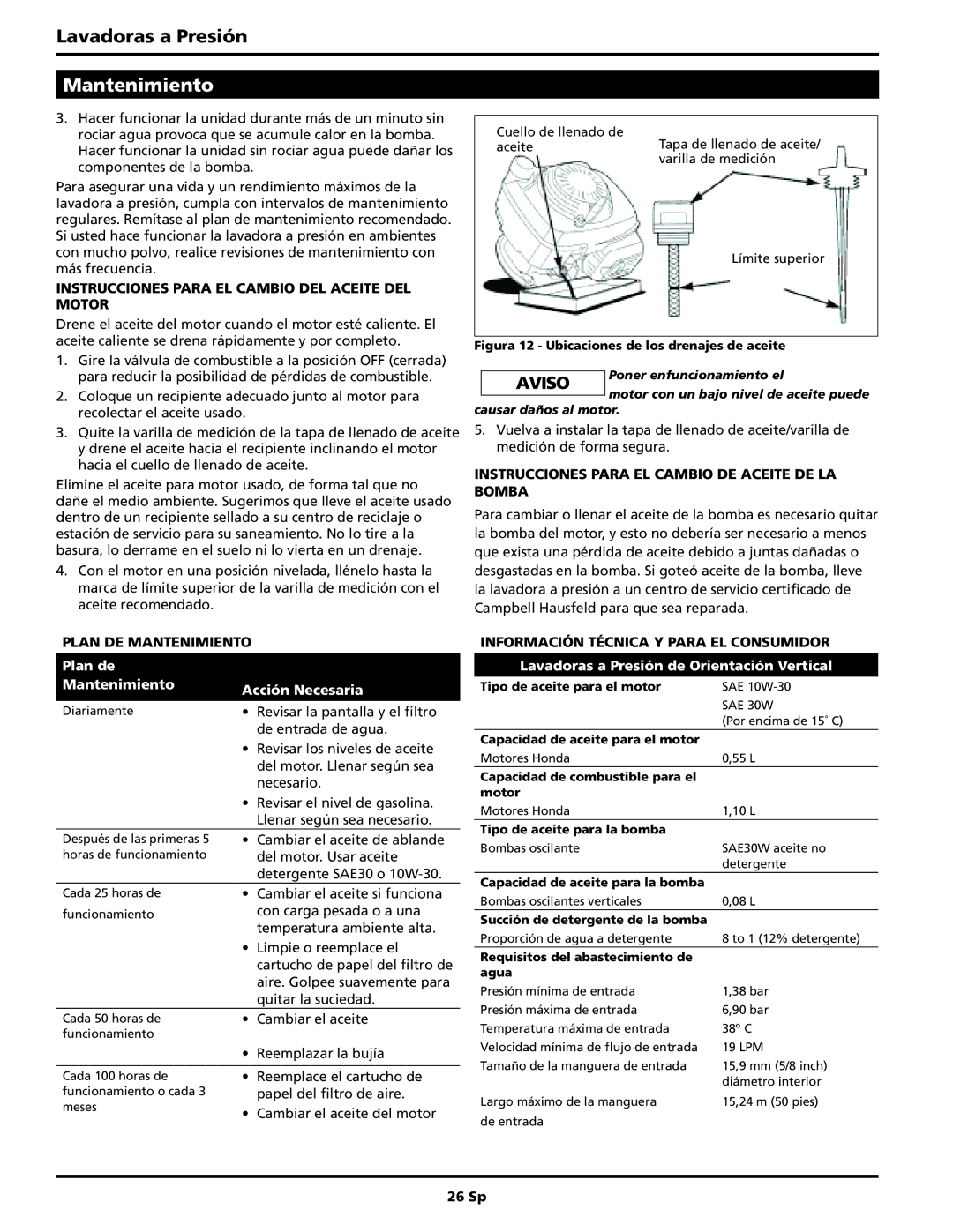 Campbell Hausfeld PW2570 operating instructions Mantenimiento, Instrucciones Para EL Cambio DEL Aceite DEL Motor 