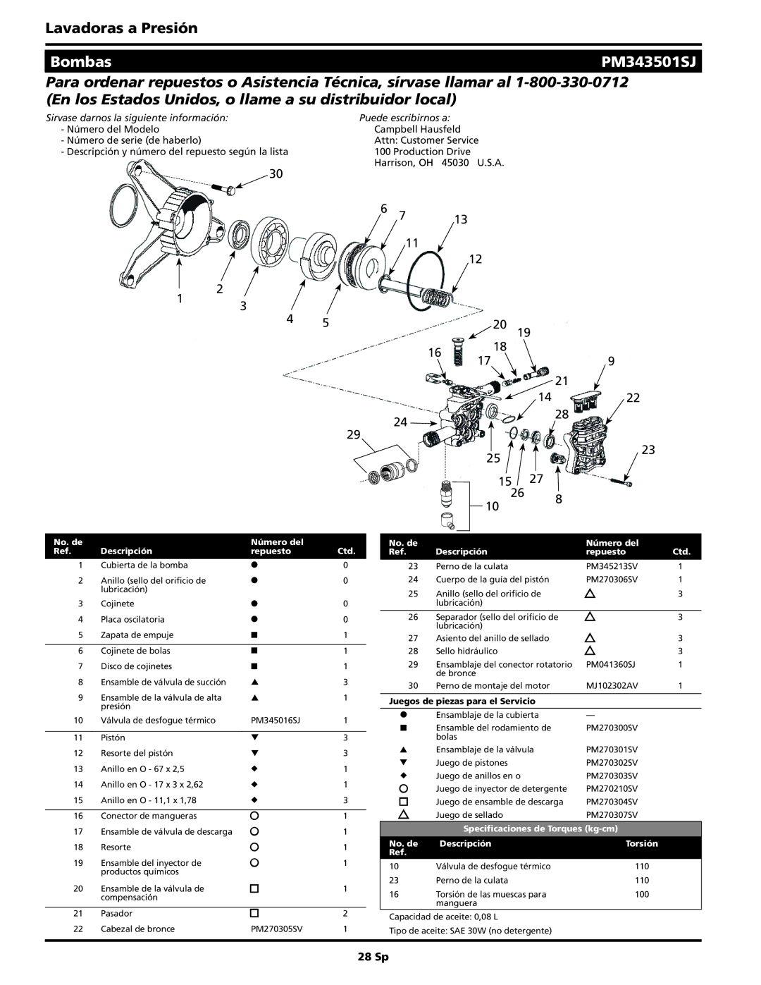 Campbell Hausfeld PW2570 operating instructions Bombas PM343501SJ, 28 Sp 