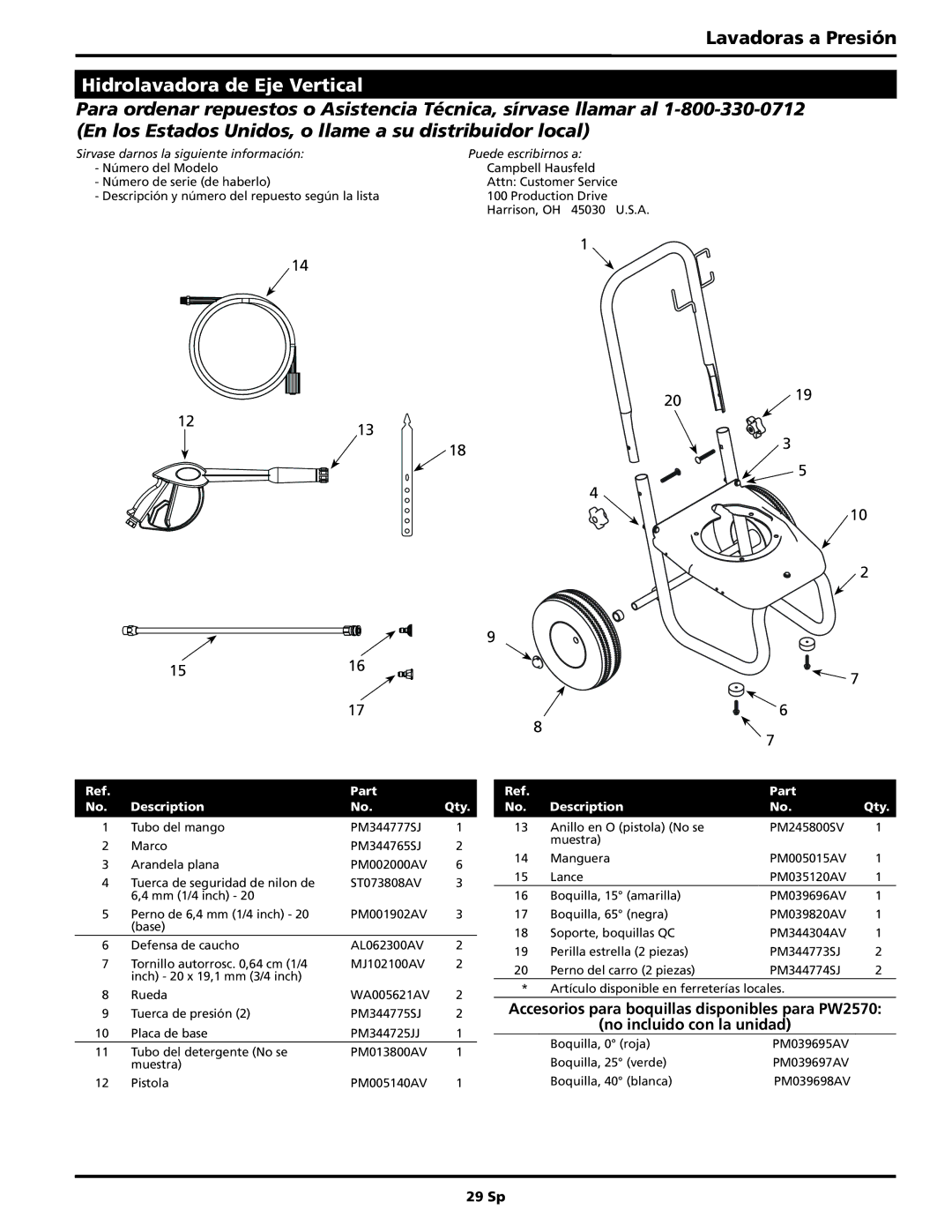 Campbell Hausfeld PW2570 operating instructions Hidrolavadora de Eje Vertical, 29 Sp 