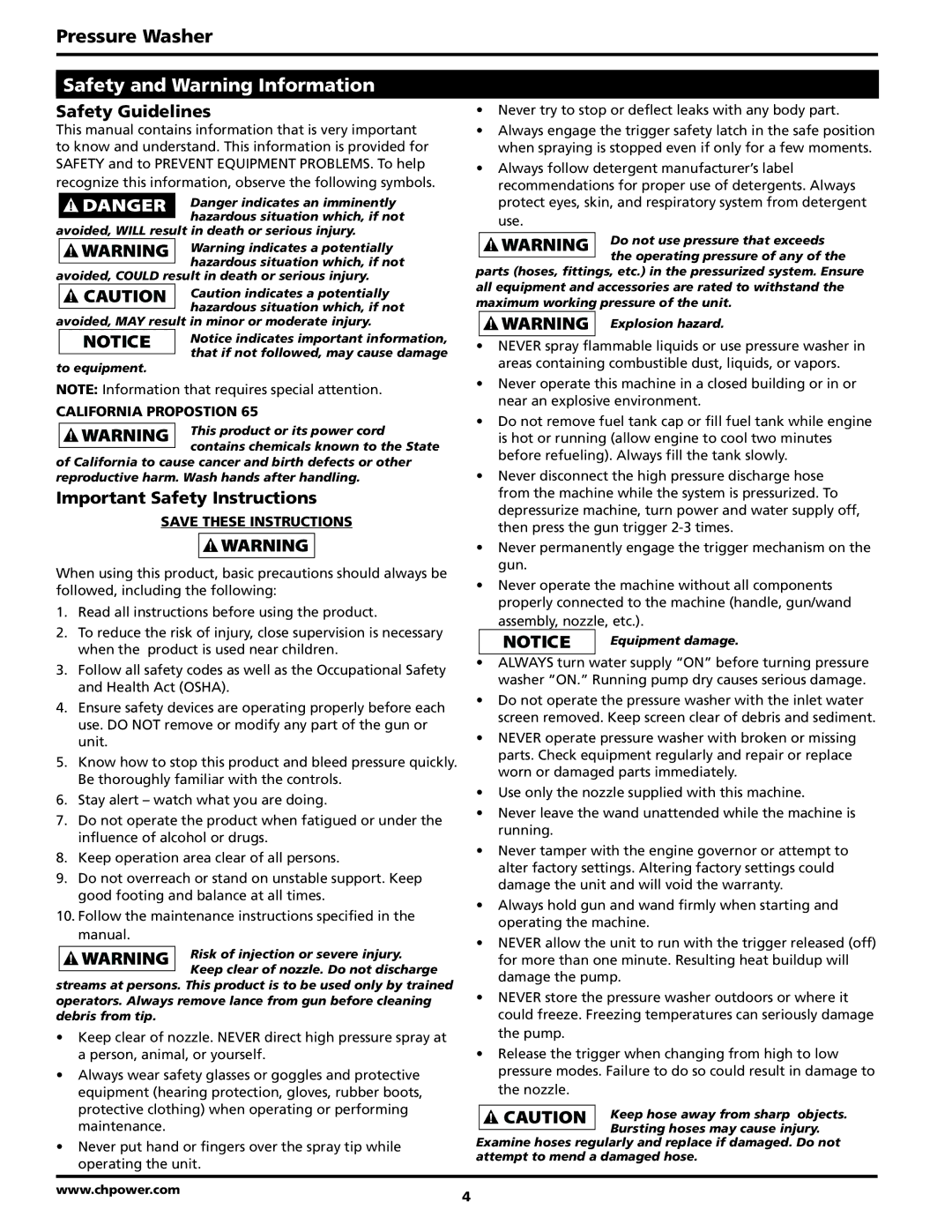 Campbell Hausfeld PW2570 operating instructions Safety and Warning Information, California propostion 