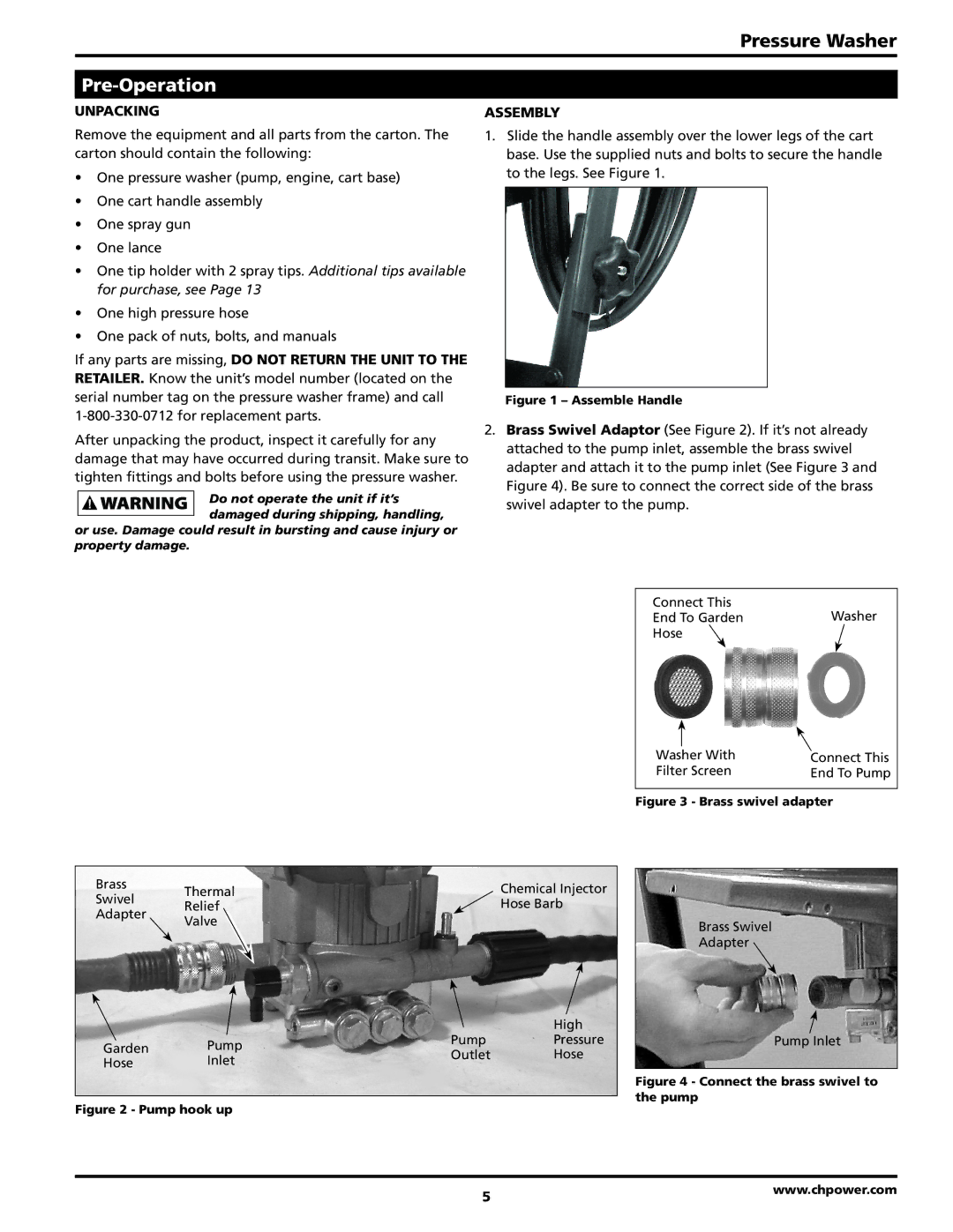 Campbell Hausfeld PW2570 operating instructions Pre-Operation, Unpacking, Assembly 