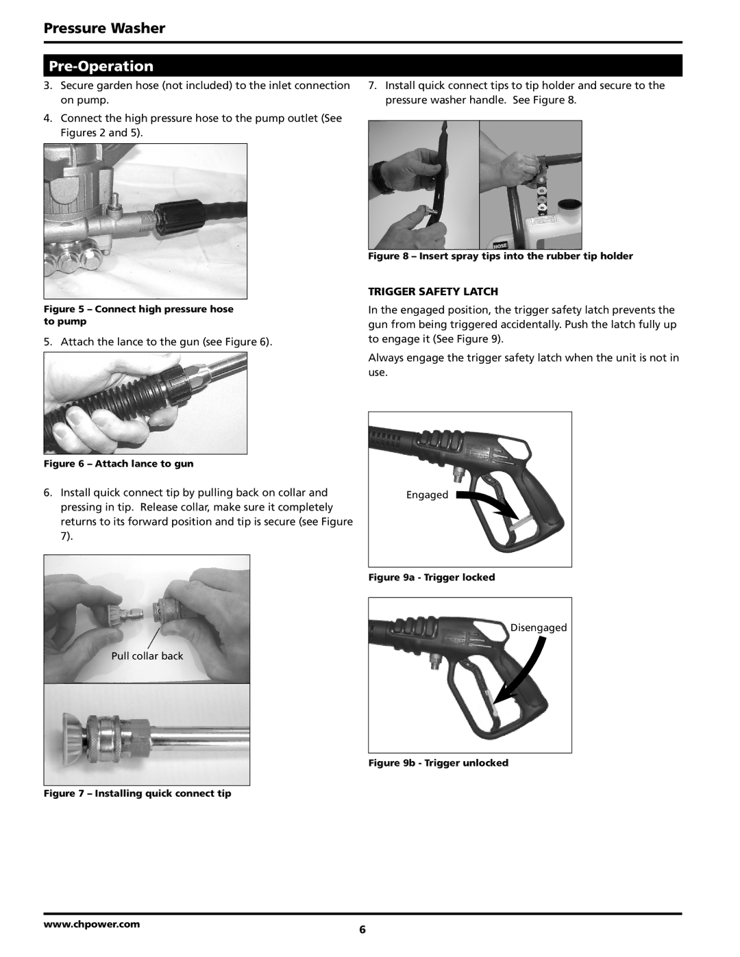 Campbell Hausfeld PW2570 operating instructions Trigger safety latch, Connect high pressure hose to pump 