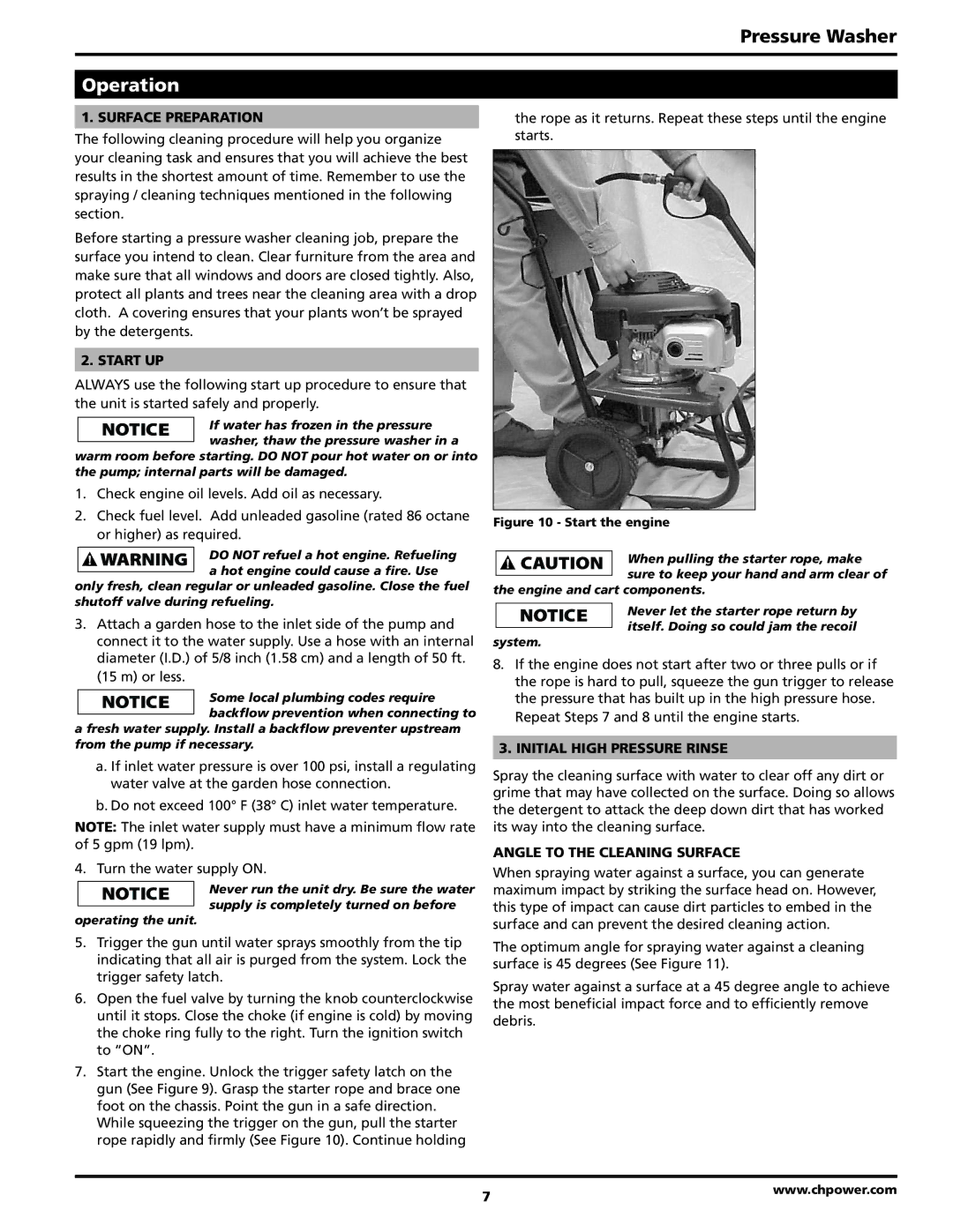 Campbell Hausfeld PW2570 operating instructions Operation, Surface Preparation, Start Up, Initial High Pressure Rinse 