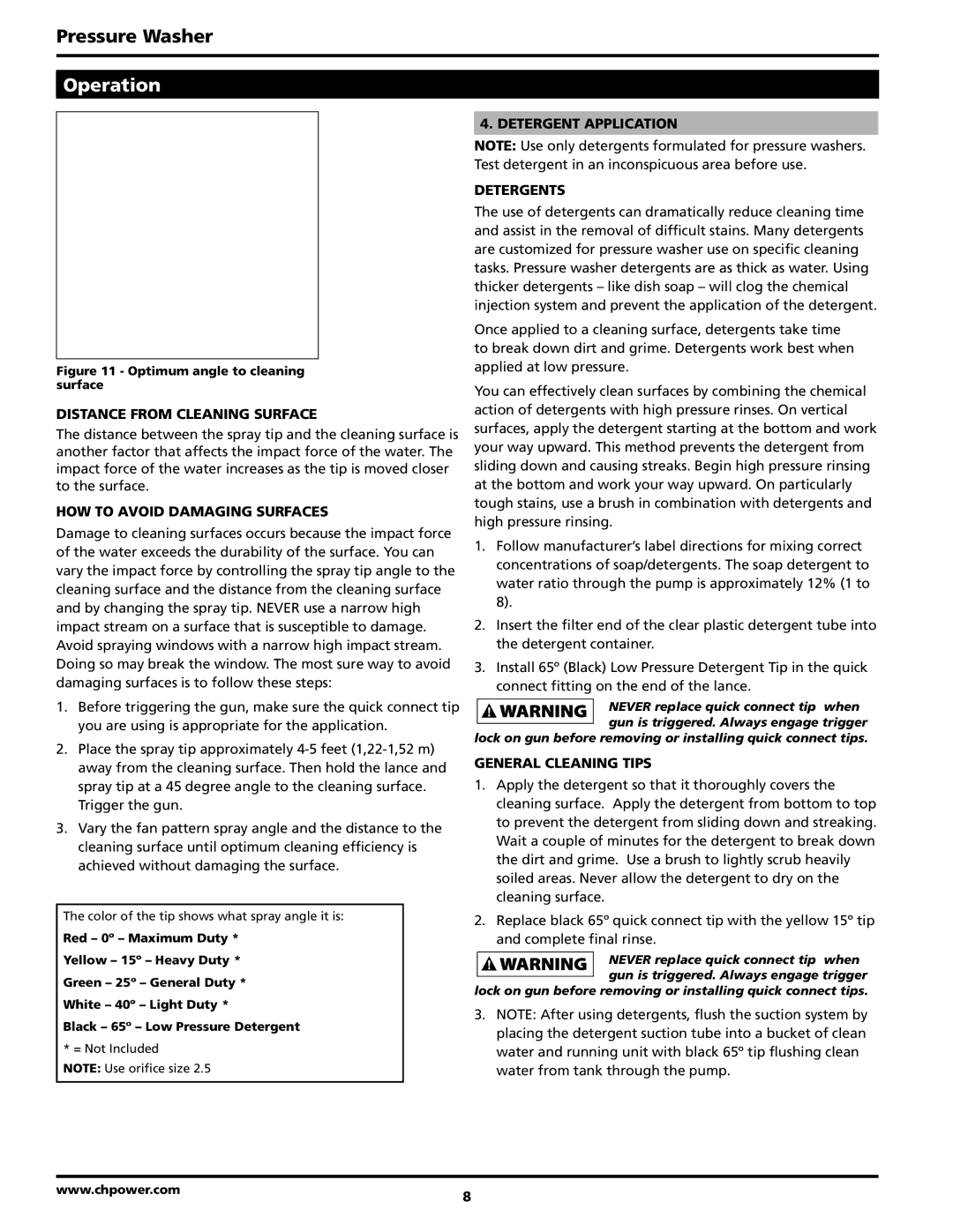 Campbell Hausfeld PW2570 Distance from cleaning surface, How to avoid damaging surfaces, Detergent Application Detergents 