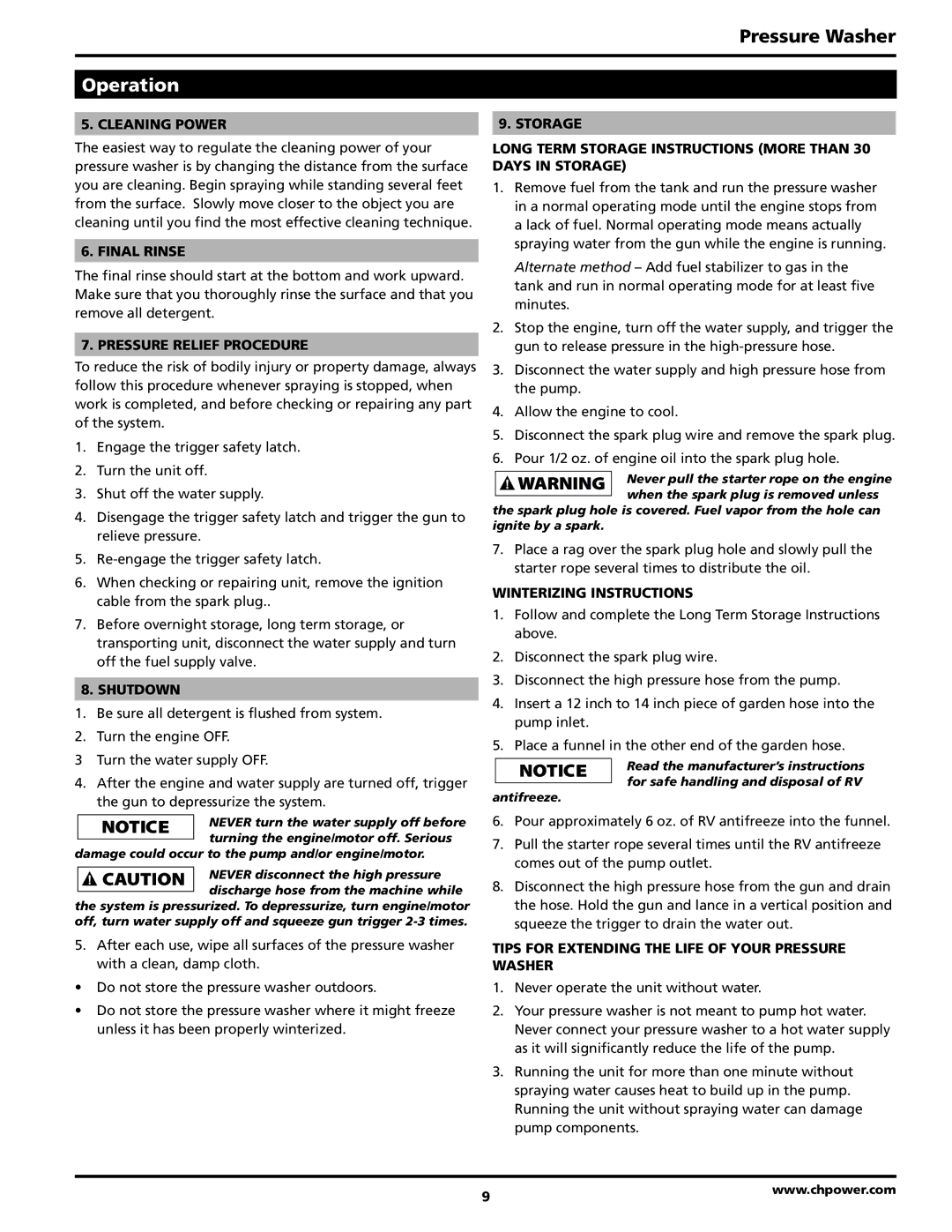 Campbell Hausfeld PW2570 operating instructions Cleaning Power Storage, Final Rinse, Pressure Relief Procedure, Shutdown 