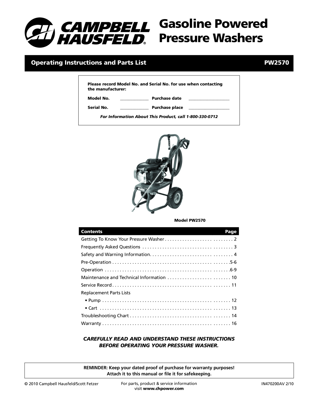 Campbell Hausfeld PW2570 operating instructions Gasoline Powered Pressure Washers, Operating Instructions and Parts List 