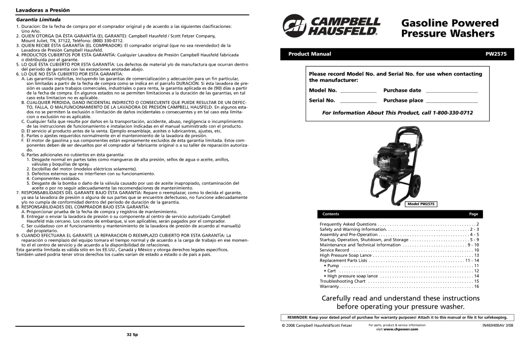 Campbell Hausfeld warranty Lavadoras a Presión, Product Manual PW2575, Purchase date, Pump Cart, Contents 