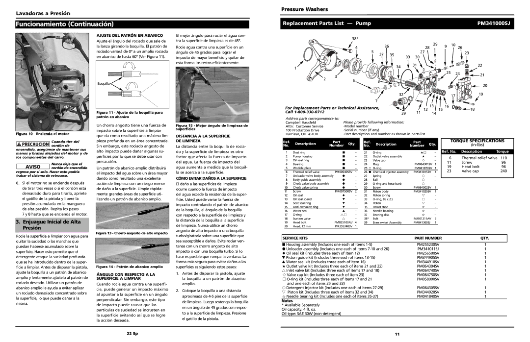 Campbell Hausfeld PW2575 warranty Replacement Parts List Pump PM341000SJ, Enjuague Inicial de Alta Presión, In-lbs 