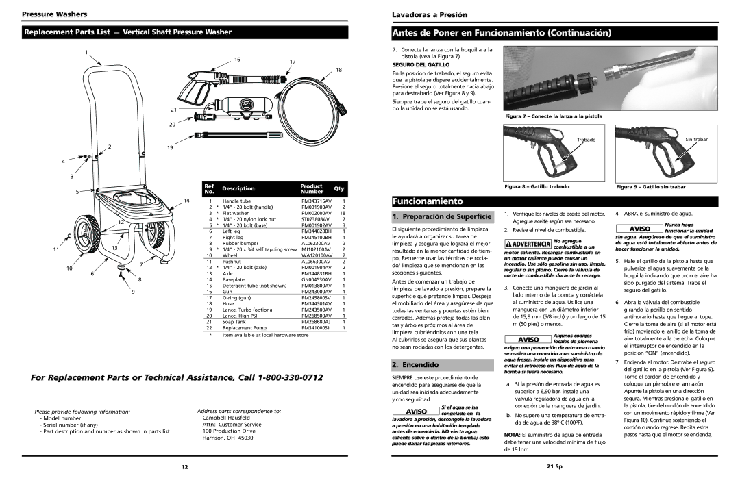 Campbell Hausfeld PW2575 warranty Antes de Poner en Funcionamiento Continuación, Preparación de Superficie, Encendido 