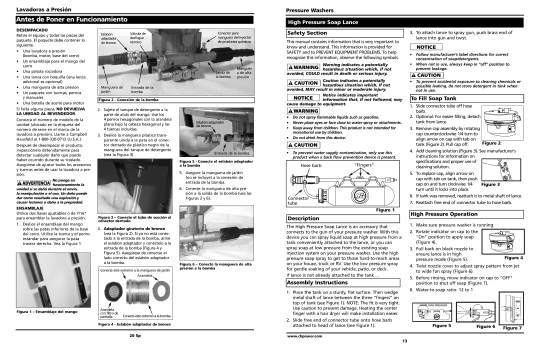 Campbell Hausfeld PW2575 warranty Antes de Poner en Funcionamiento, High Pressure Soap Lance 