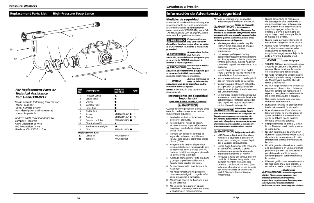 Campbell Hausfeld PW2575 warranty Información de Advertencia y seguridad, Replacement Parts List High Pressure Soap Lance 