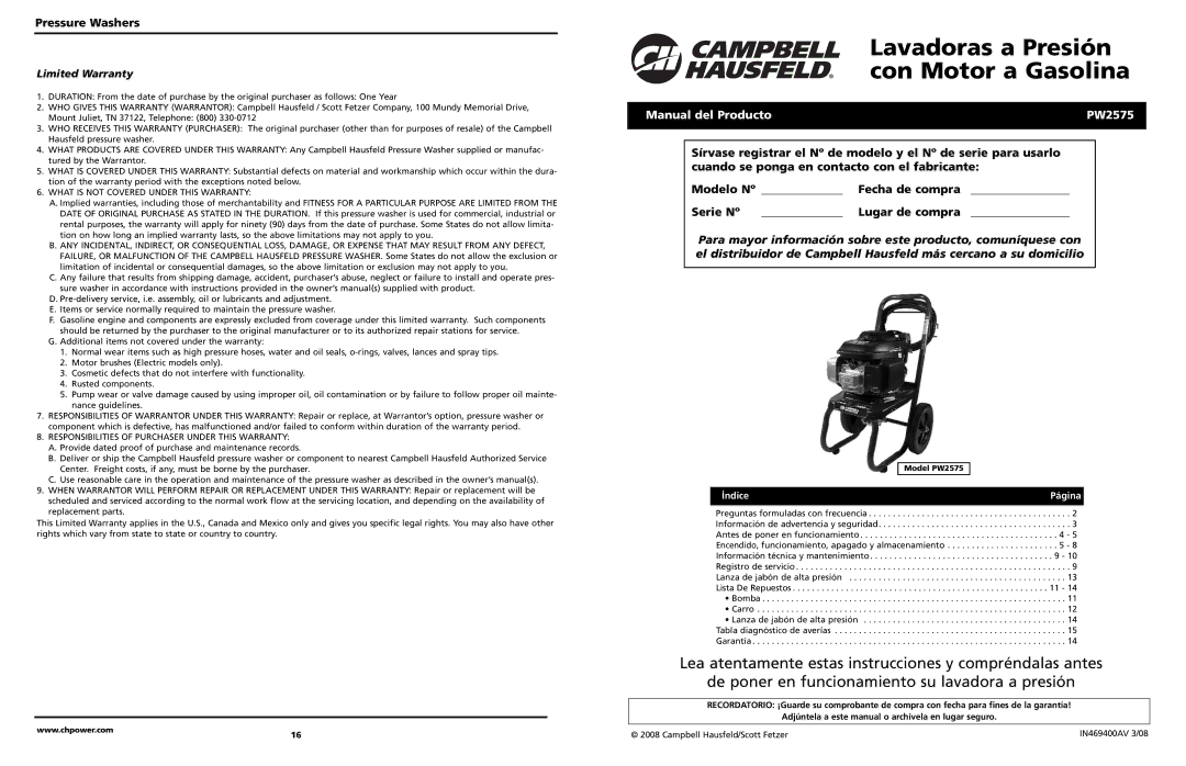 Campbell Hausfeld warranty Manual del Producto PW2575, Fecha de compra, Lugar de compra, Índice Página 