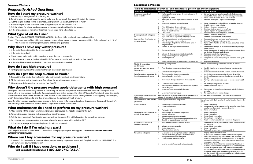 Campbell Hausfeld PW2575 Pressure Washers, Call Campbell Hausfeld at 1-800-330-0712 U.S.A, Washer to the Retailer, 31 Sp 