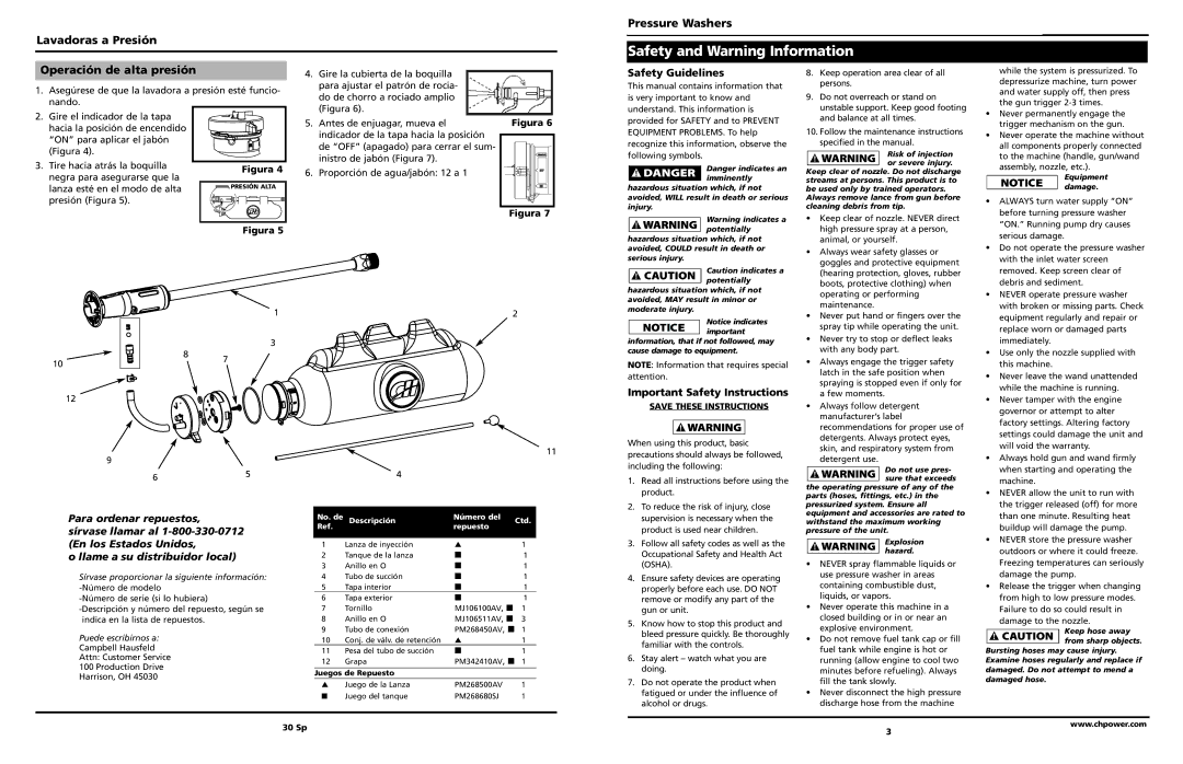 Campbell Hausfeld PW2575 Safety and Warning Information, Lavadoras a Presión Pressure Washers, Operación de alta presión 