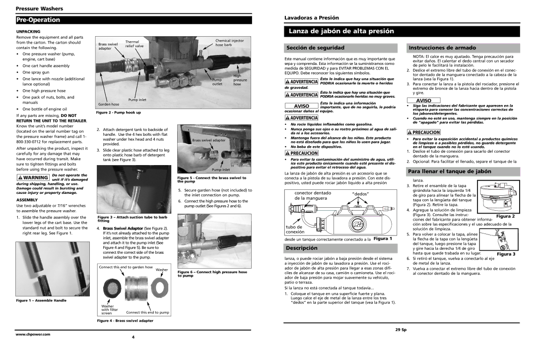 Campbell Hausfeld PW2575 warranty Pre-Operation, Sección de seguridad Instrucciones de armado, Descripción 