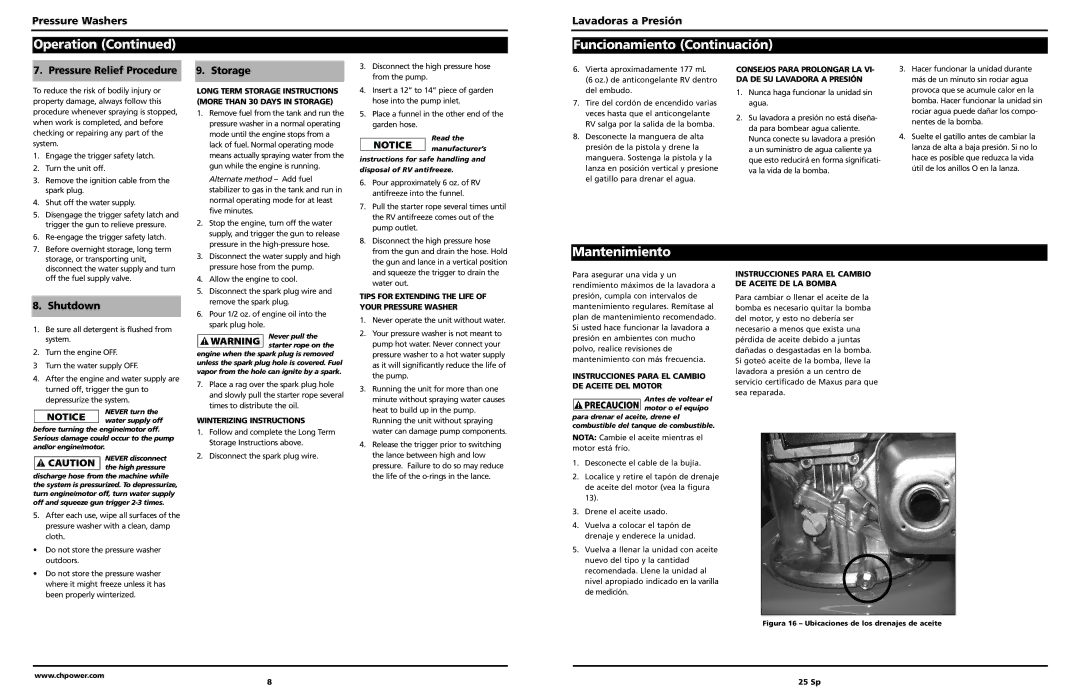 Campbell Hausfeld PW2575 Operation Funcionamiento Continuación, Mantenimiento, Pressure Washers Lavadoras a Presión 