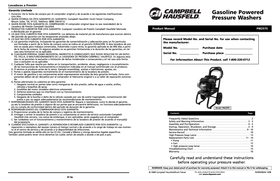 Campbell Hausfeld PW2575 warranty Gasoline Powered, Pressure Washers, Carefully read and understand these instructions 