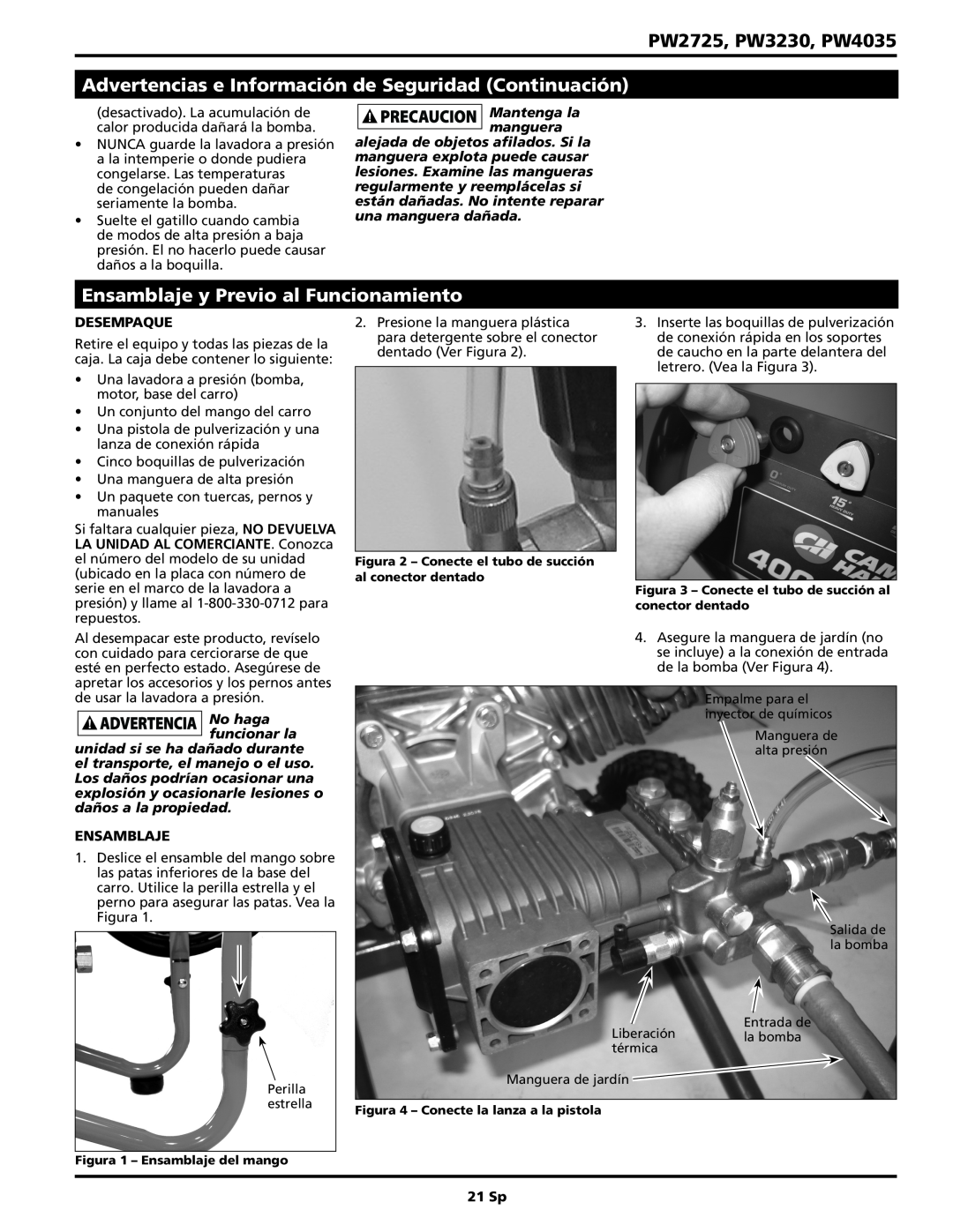Campbell Hausfeld PW2725 Advertencias e Información de Seguridad Continuación, Ensamblaje y Previo al Funcionamiento 