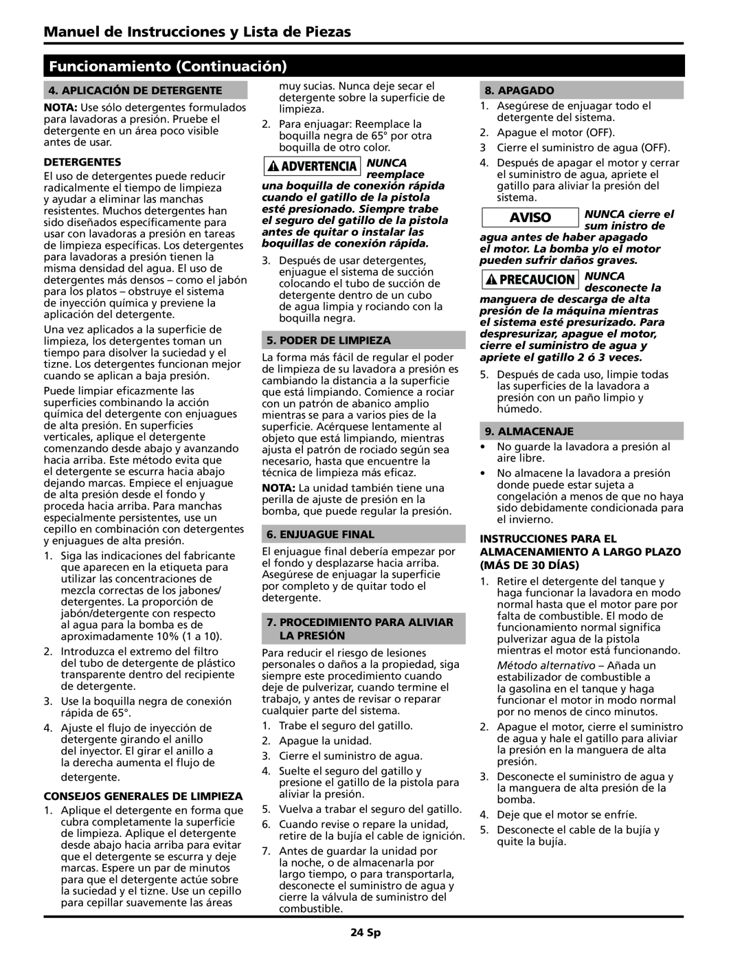 Campbell Hausfeld PW2725 Manuel de Instrucciones y Lista de Piezas, Funcionamiento Continuación, Aplicación de detergente 