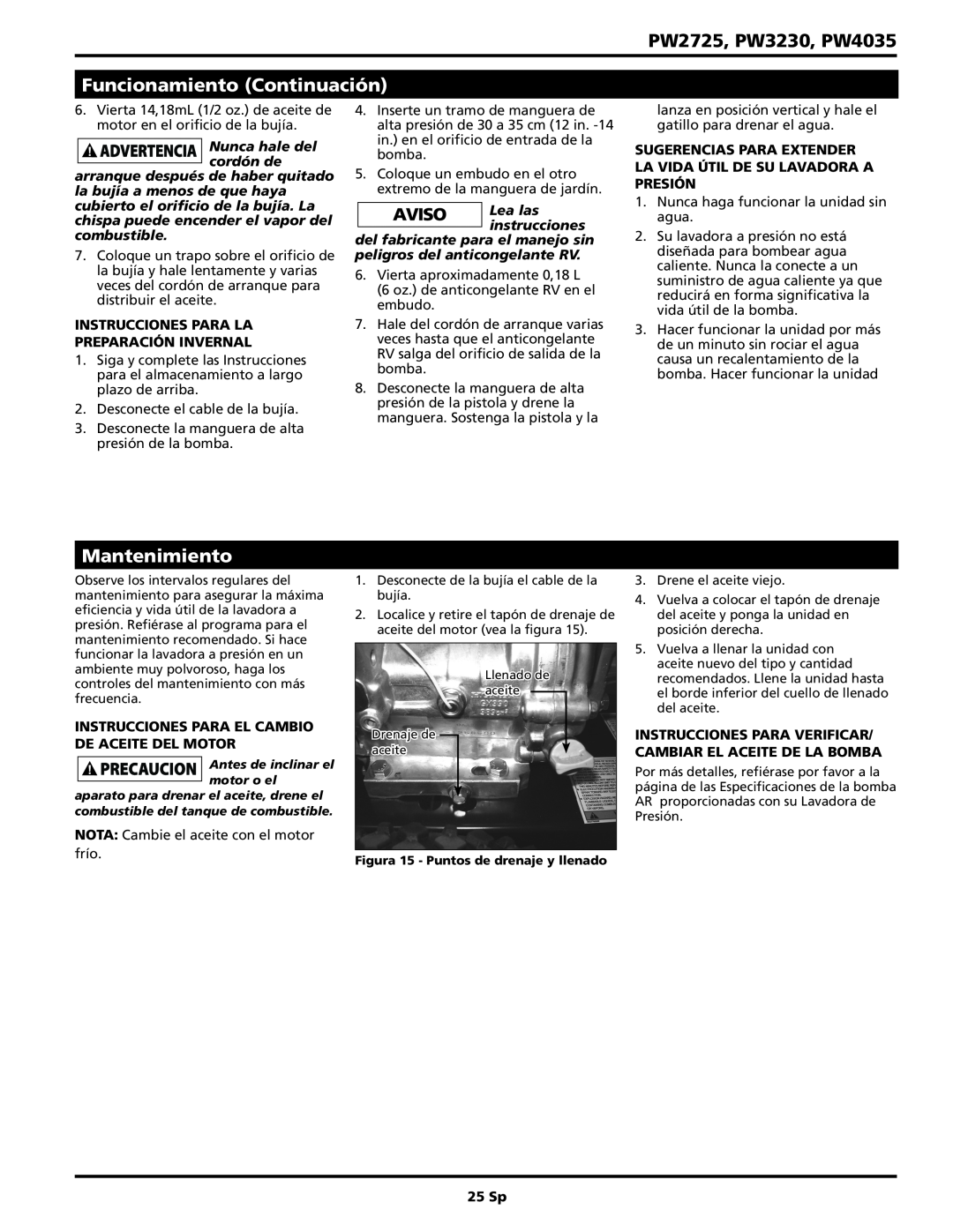 Campbell Hausfeld Mantenimiento, PW2725, PW3230, PW4035, Funcionamiento Continuación, nunca hale del cordón de, 25 Sp 