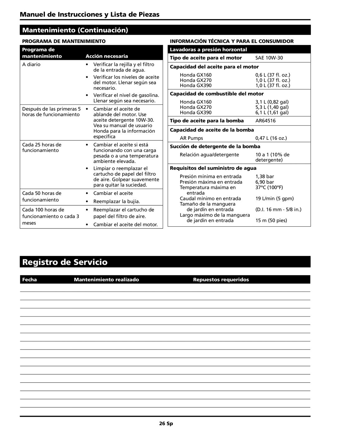 Campbell Hausfeld PW4035 Registro de Servicio, Mantenimiento Continuación, Manuel de Instrucciones y Lista de Piezas 