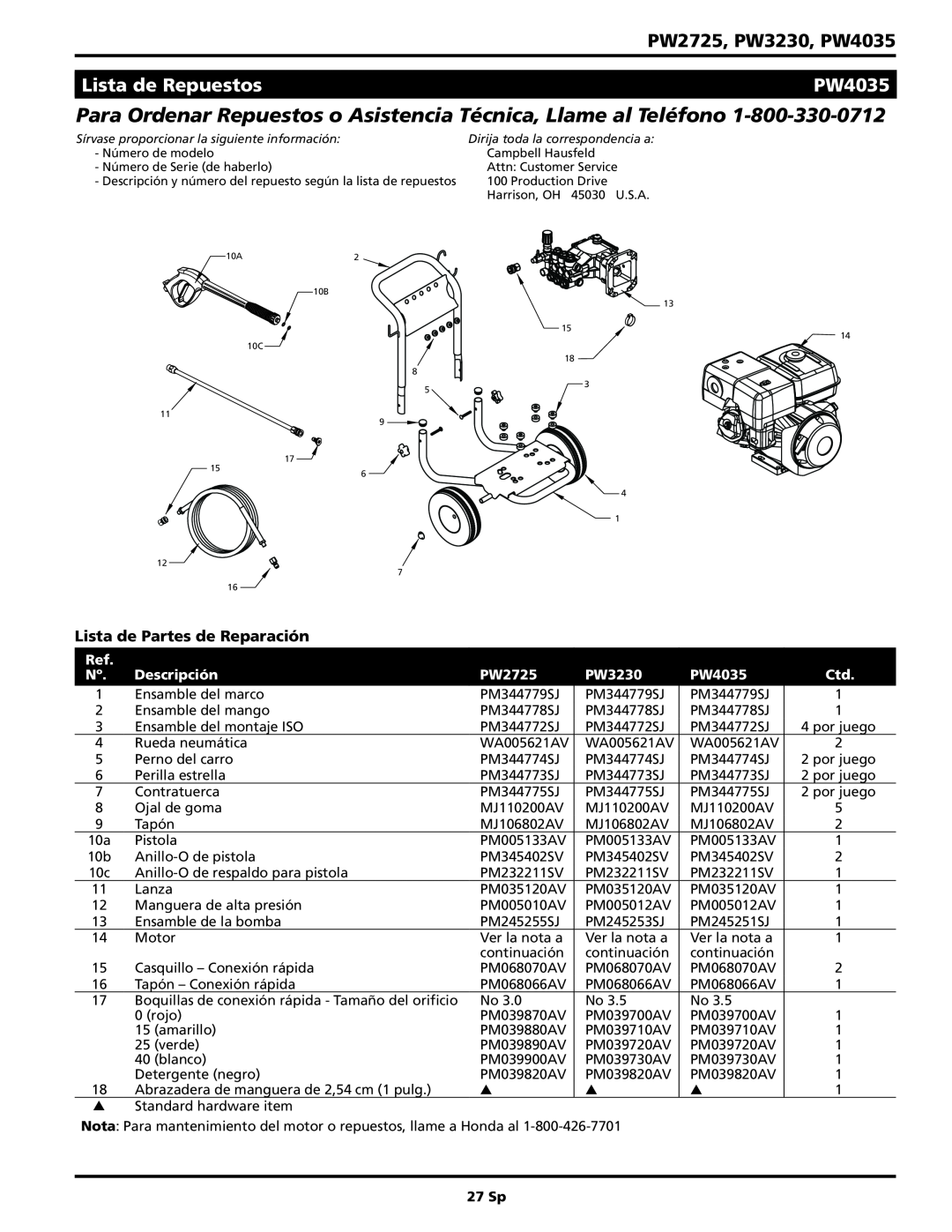 Campbell Hausfeld PW2725 Para Ordenar Repuestos o Asistencia Técnica, Llame al Teléfono, Lista de Repuestos, PW4035, 27 Sp 