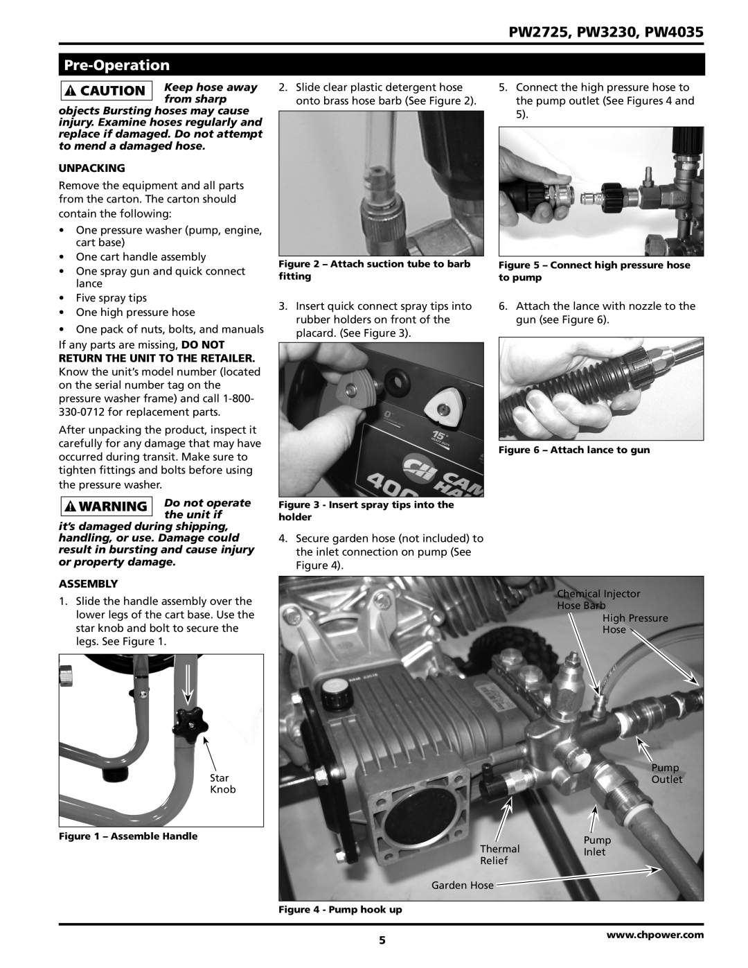 Campbell Hausfeld Pre-Operation, PW2725, PW3230, PW4035, Keep hose away from sharp, Unpacking, Assembly 