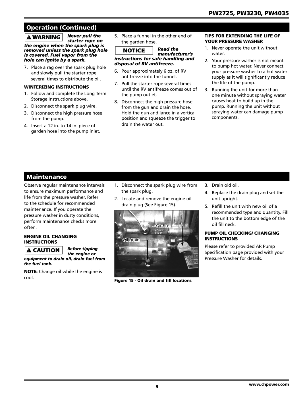 Campbell Hausfeld Maintenance, PW2725, PW3230, PW4035, Operation Continued, Winterizing instructions 