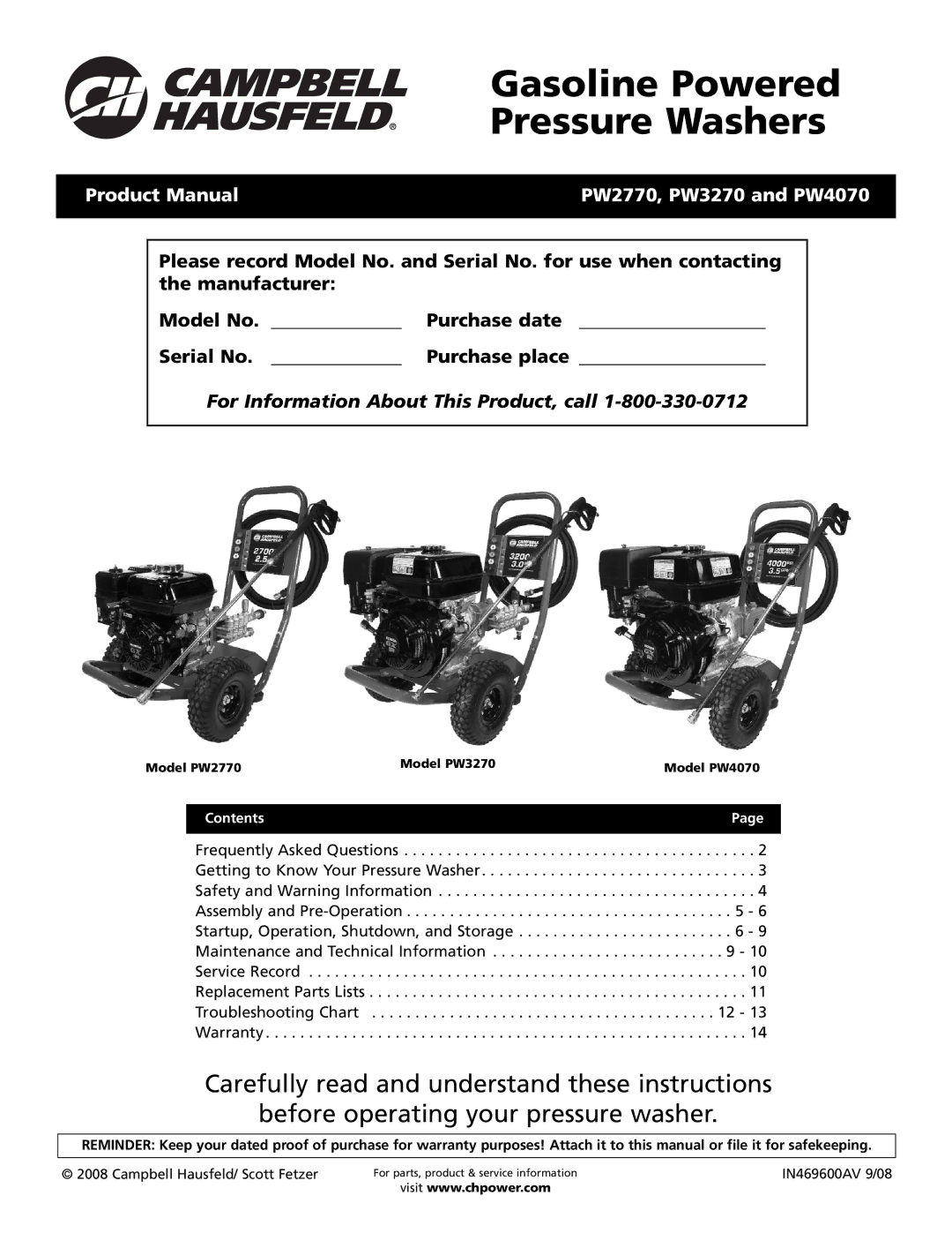 Campbell Hausfeld PW4070, PW2770, PW3270 warranty Gasoline Powered 