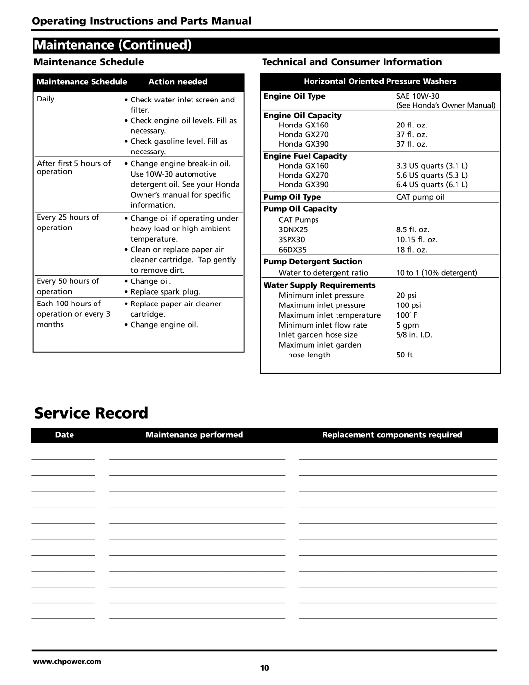 Campbell Hausfeld PW4070, PW2770, PW3270 warranty Service Record 