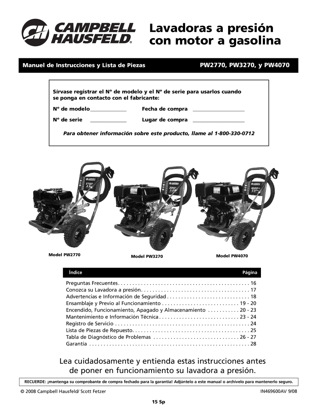 Campbell Hausfeld PW2770, PW4070, PW3270 warranty Lavadoras a presión con motor a gasolina 