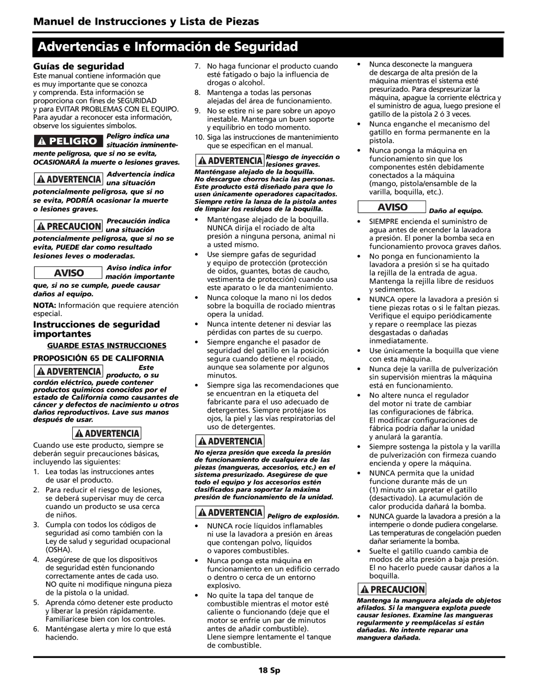 Campbell Hausfeld PW2770 Advertencias e Información de Seguridad, Proposición 65 DE California, Guarde Estas Instrucciones 