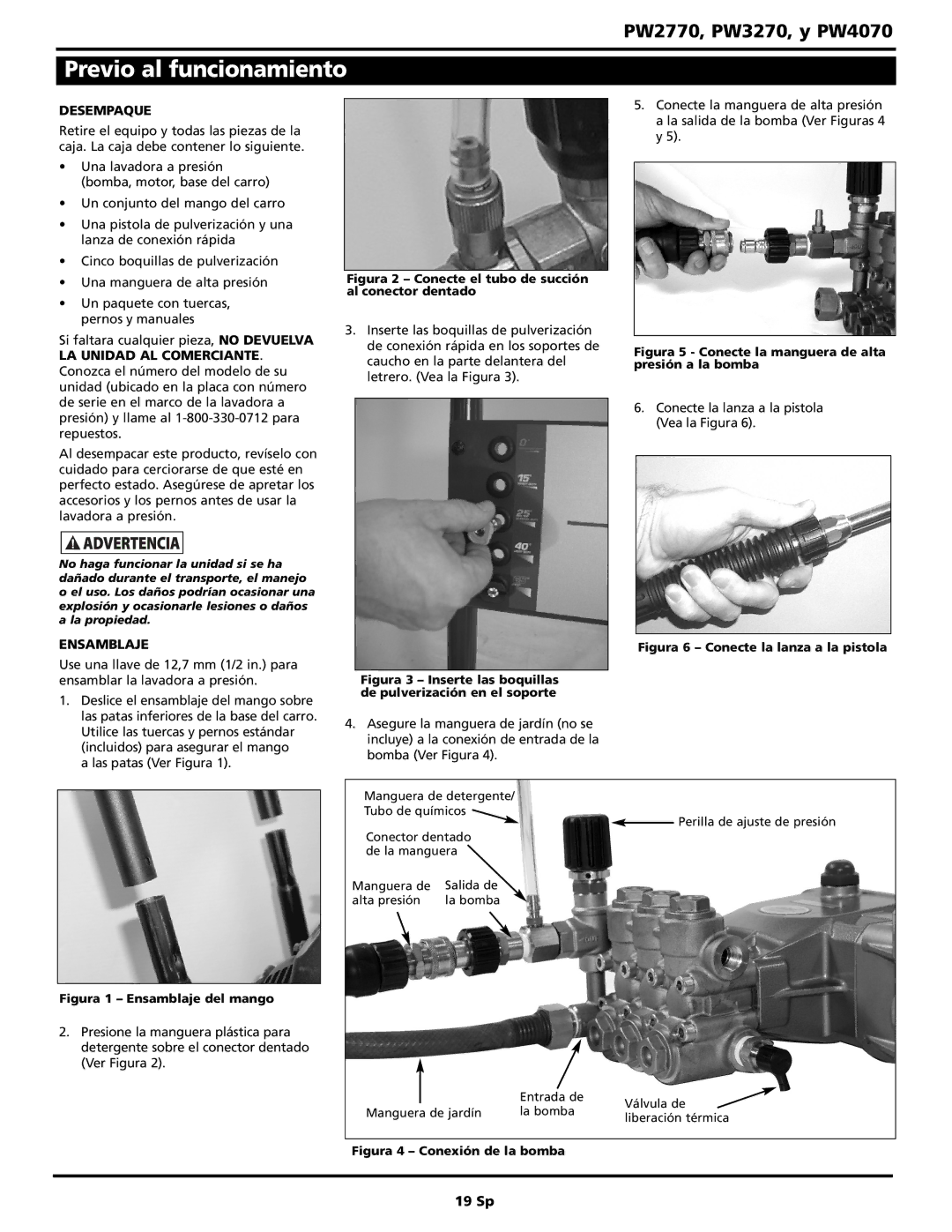 Campbell Hausfeld PW4070, PW2770, PW3270 warranty Previo al funcionamiento, Desempaque, Ensamblaje 