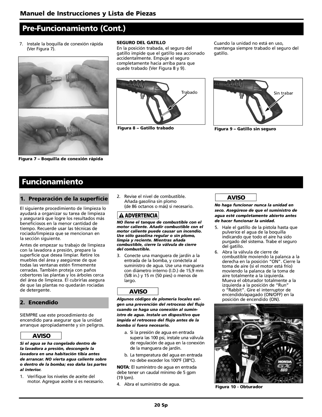 Campbell Hausfeld PW3270, PW2770, PW4070 warranty Pre-Funcionamiento, Seguro DEL Gatillo 