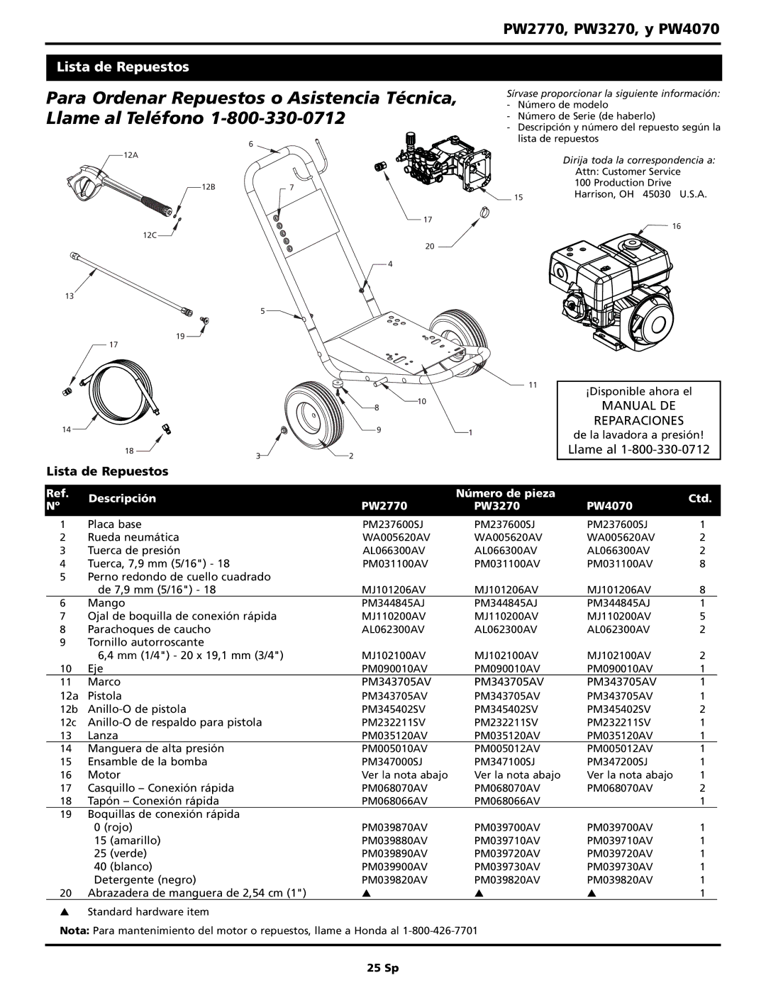 Campbell Hausfeld PW4070, PW2770, PW3270 warranty Para Ordenar Repuestos o Asistencia Técnica 