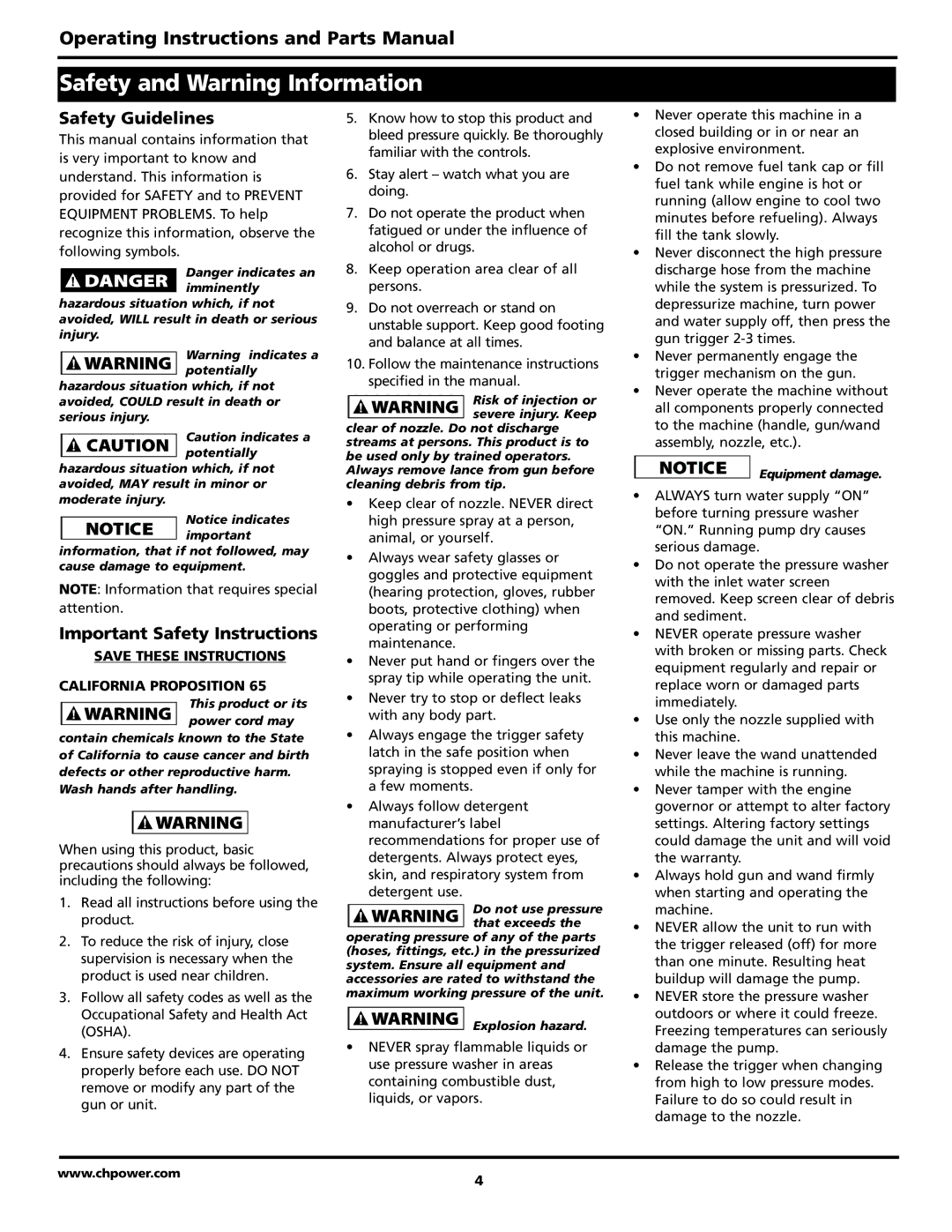 Campbell Hausfeld PW4070, PW2770, PW3270 warranty Safety and Warning Information, California Proposition 